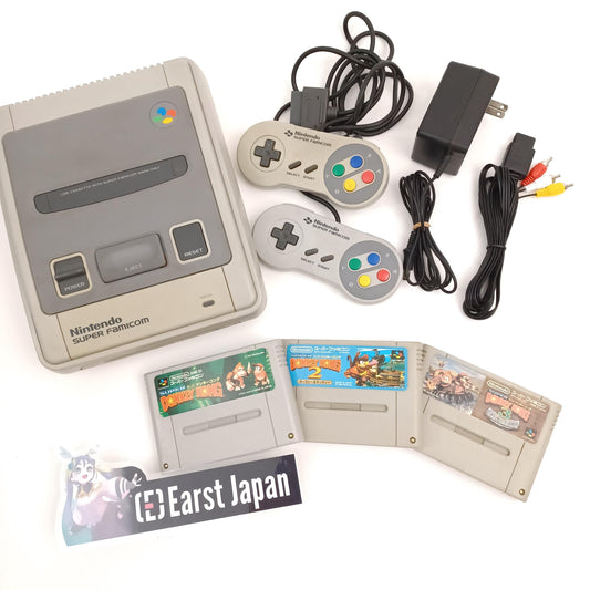Used Nintendo Super Donkey Kong 1 2 3 Super Famicom Console Set with 2 Controllers, AV Cable, AC Adapter - Tested Working Japanese SNES sfc