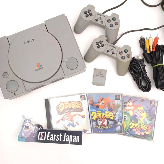 Used Crash Bandicoot 1 2 3 Sony PlayStation 1 PS1 Console Set with 2 Controllers, AV Cable, Power Cable - Tested Working Japanese NTSC-J