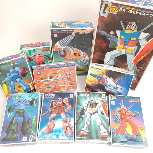Used | Vintage Gundam Model Kit Lot 10 Sets - Unbuilt Retro Mobile Suit Collection - RX-78-2 1/60, Zaku II 1/144 & More Rare Bandai Gunpla
