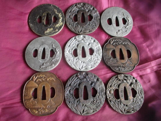 Used Japanese Sword Tsuba Set - 9 Antique/Vintage Iron & Metal Handguards - Samurai Katana Decorative Parts