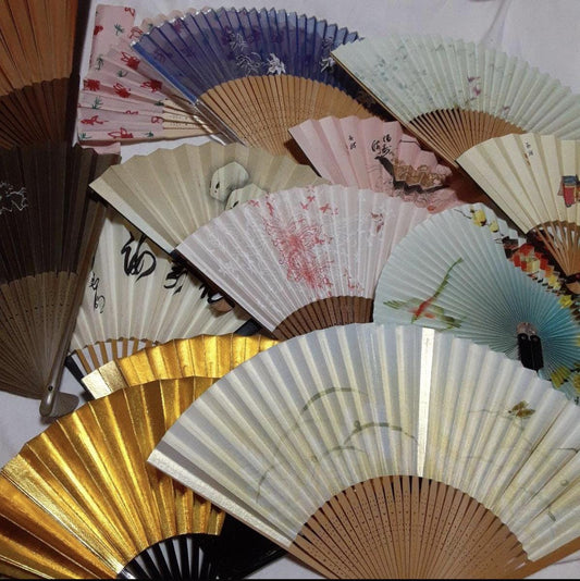 Japanese Hand Fans (14-Pc Set) - Traditional Designs & Paintings, Vintage Style Wood and Paper Folding Fan Assortment