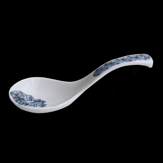 Japanese Porcelain Ramen Spoon with Hokusai Great Wave Design – Sometsuke Blue & White Spoon – Microwave and Dishwasher Safe – Made in Japan