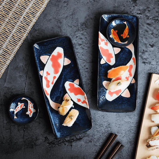 Sushi Plate & Small Plate Set 4pcs by AWASAKA | Japanese Porcelain Gift Boxed | Koi Fish Design | Japanese Carp Design | Sushi Lover's Gift