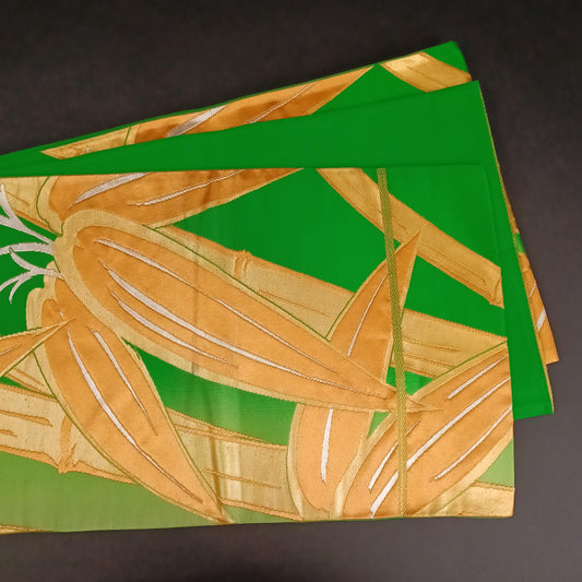 Used Japanese Fukuro Obi – Green Base with Golden Bamboo Motif – Vintage Formal Kimono Belt for Ceremony or Display – Made in Japan