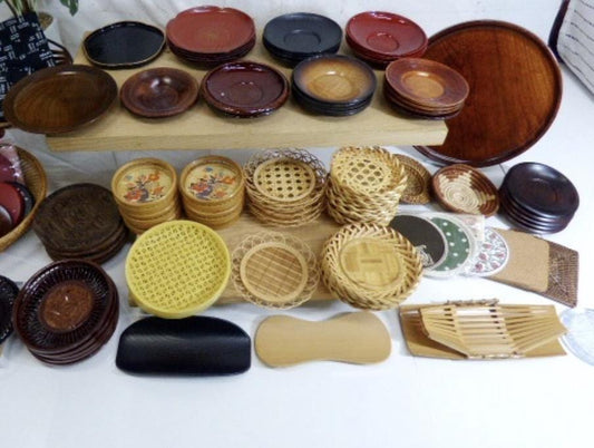 Used Lot of 80+ Japanese Vintage Kitchen and Dining Accessories - Wooden and Bamboo Trays, Coasters, & Saucers for Home Decor and Cafe