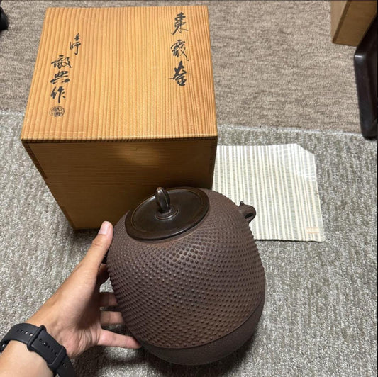 Used Japanese Natsume Arare Gama by Living National Treasure Takahashi Keiten Iron Kettle Tea Ceremony Chadogu Teapot with Kiri Box