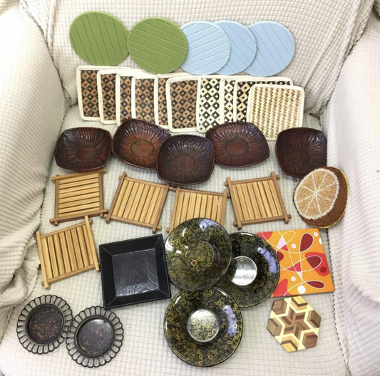 Used 34 pcs Japanese Coaster & Small Dish Lot Vintage Wood, Lacquer and Yosegi Craft Supplies for Art and Upcycle