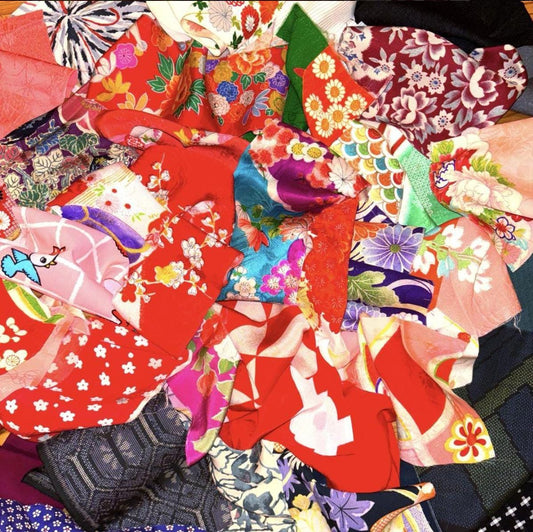 Used Japanese Kimono Fabric Scraps - 40+ Pieces Assorted Set for Patchwork & Quilting, Vintage Antique Textiles