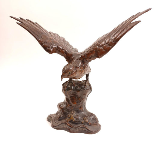Vintage Japanese Bronze Hawk Statue - Showa Period Metal Sculpture, Eagle Figurine, Antique Copper Art Decor