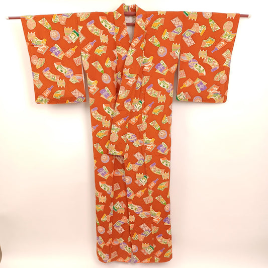 Used Japanese Kimono Robe - Vintage Silk Kimono with Pop Traditional Toys Motif (Marbles & Kites) from Japan