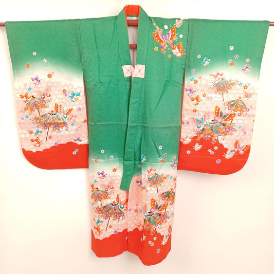 Used Kids Japanese Kimono - Vintage Shichi-go-san Kimono with Luxurious & Colorful Traditional Japanese Pattern