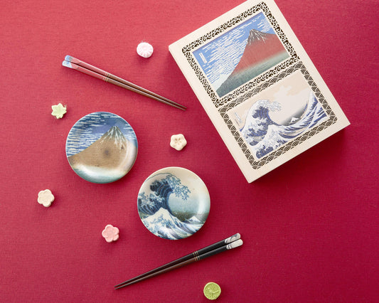 Japanese Art Gift Set: Hokusai The Great Wave & Red Fuji Plates, Chopsticks, Wood Box Made in Japan Ceramic Unique Housewarming Wedding Gift