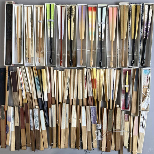 Used Japanese Fans Bulk Lot of 74 - Vintage Mai-Ogi, Kabuki and Decorative Fans, Japanese Paper, Fabric and Calligraphy Art