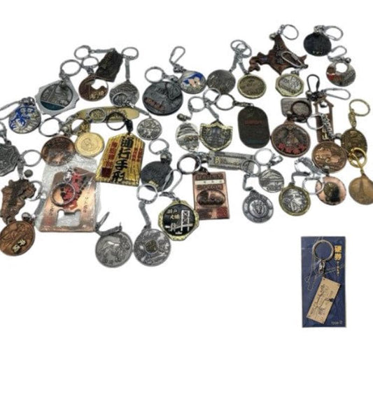 Used Lot of 42 Japanese Vintage Metal Keychains (Showa Era) with 2023 Train Ticket & Kai-toh Expo Set