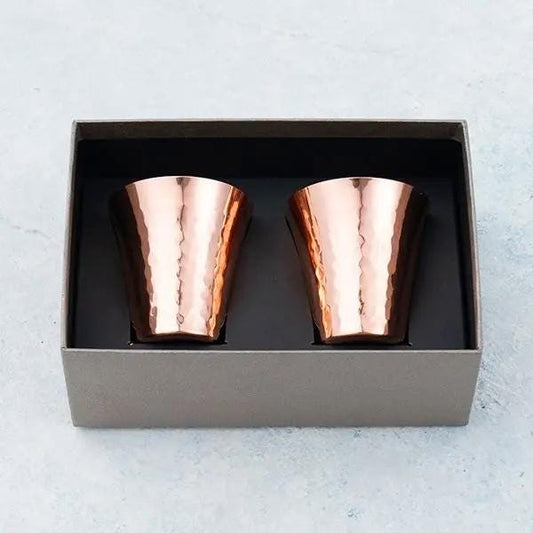 Brand New Japanese Copper Sake Cups - Hammered Tsubame Niigata Set with Gold Plated Interior, Keeps Drinks Cold, Gift Box Included