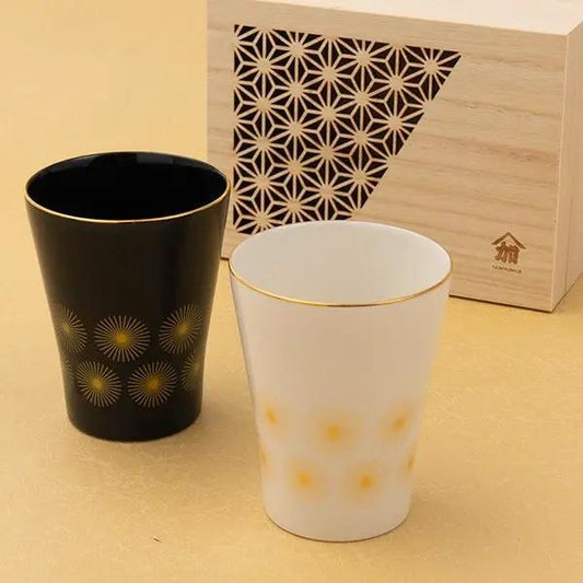 Japanese Porcelain Free Cup Pair Set with Fireworks & Wagasa (Umbrella) Pattern, Luxury Gift in Wooden Box, Made in Japan| Forgot Souvenir