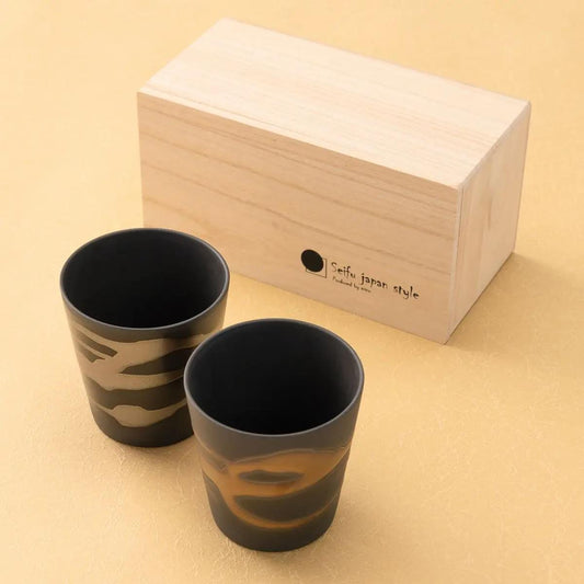 Handmade Japanese Ceramic Rock Cup Pair - Kin-Gin Nagashi Glaze, Textured Artisan Drinkware with Wooden Box, Made in Japan| Forgot Souvenir