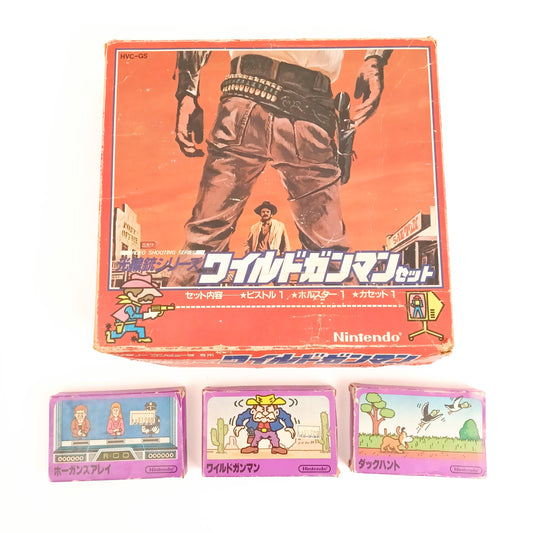 Used Vintage Nintendo Famicom Wild Gunman Set with Zapper Light Gun & Duck Hunt Hogan's Alley CIB Game Cartridge Rare Kosenju Series