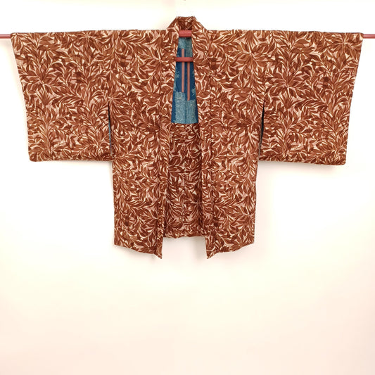 Used Japanese Haori Kimono Jacket - Vintage Unisex Kimono Coat with Geometric Leaf Pattern from Japan