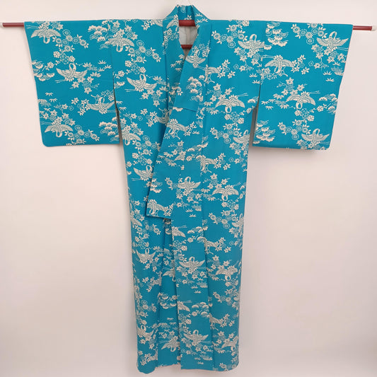 Used Japanese Kimono Robe - Vintage Silk Kimono with Traditional Bird & Flower Pattern from Japan