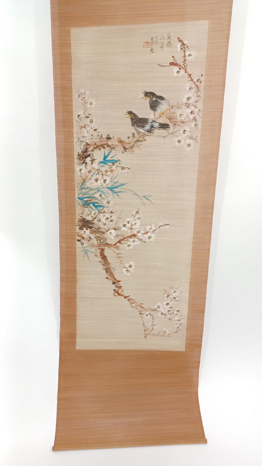 Vintage Japanese Hanging Scroll - Plum Blossom & Bird Painting, Vintage Kachou-ga Art, Traditional Japanese Wall Decor