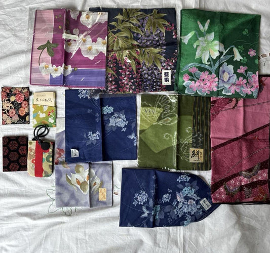 Used Japanese-Style Handkerchiefs & Small Accessories Set, Vintage Fabric Bundle and Pouches for Crafting and Gifting
