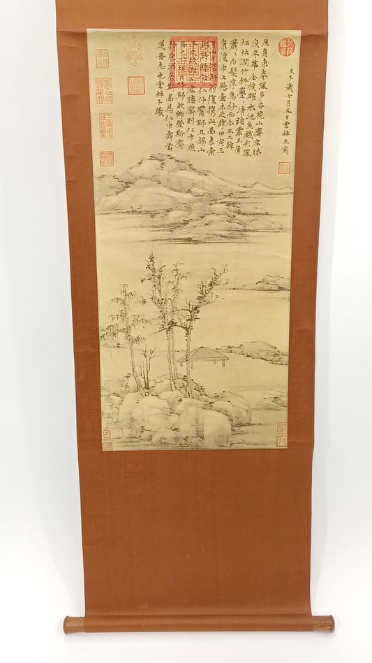 Vintage Japanese Hanging Scroll - Forest and Clouds Landscape Ink Painting, Traditional Japanese Sumi-e Art and Wall Decor
