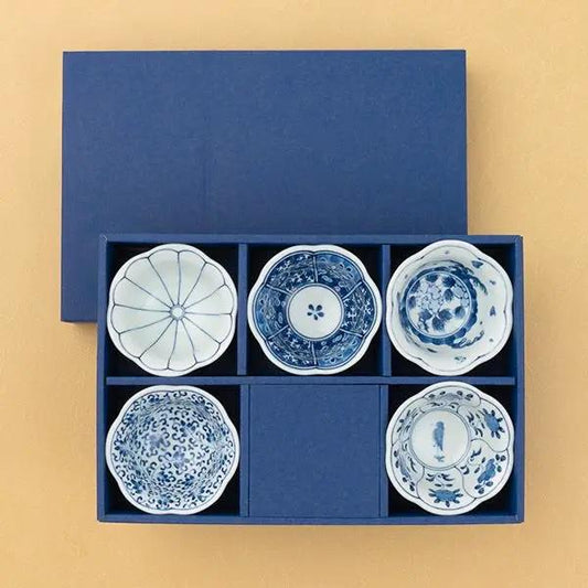 Japanese Hasami Ware Blue & White Small Bowls, Flower-Shaped Porcelain Set of 5, Microwave-Safe Gift from Japan| Forgot Souvenir