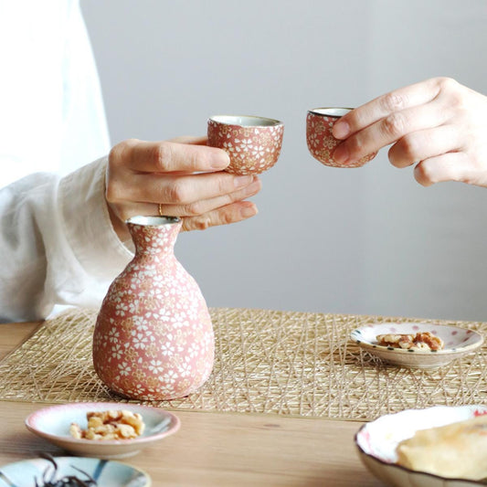 Sakura Tokkuri and Ochoko Set – Japanese Sake Bottle and Cup – Pink Ceramic by Awasaka – Made in Japan – Gift for Any Occasion