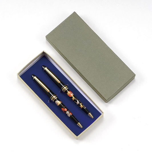Japanese Makie Ballpoint Pen Set – 2 Gold and Silver Lacquer Pens – Mt. Fuji and Crane Design – Made in Japan – Higashide Shikki Luxury Gift