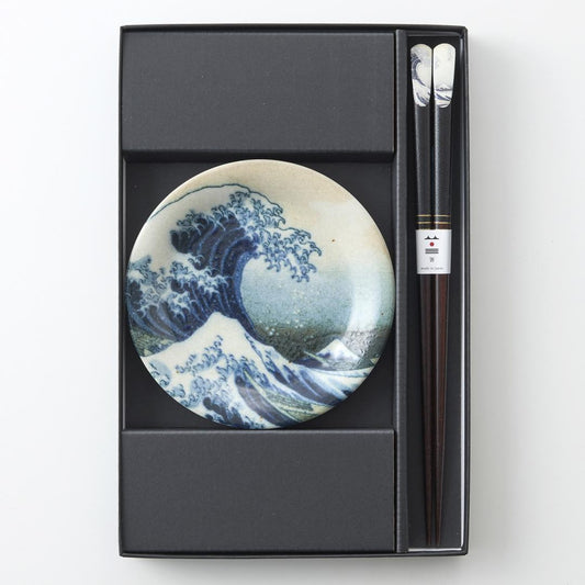 Hokusai The Great Wave Ukiyo-e Tableware Set - Iconic Fuji View Plate with Dynamic Wave Design & Chopsticks Gift| Forgot Souvenir