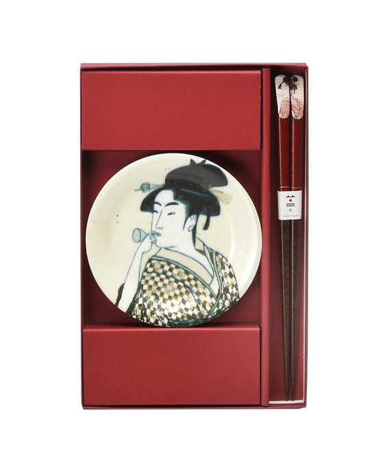 Japanese Ukiyo-e Tableware Set - Utamaro Beautiful Woman Portrait Plate with Chopsticks, Traditional Art Dinnerware Gift| Forgot Souvenir