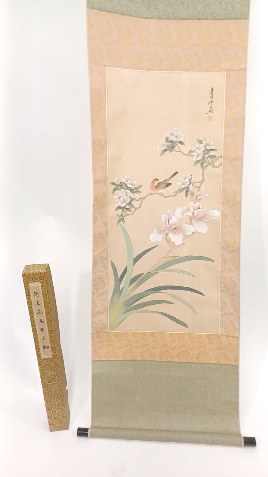 Vintage Japanese Hanging Scroll - Flower & Bird Painting, Traditional Japanese Art, Kachou-ga Wall Decor