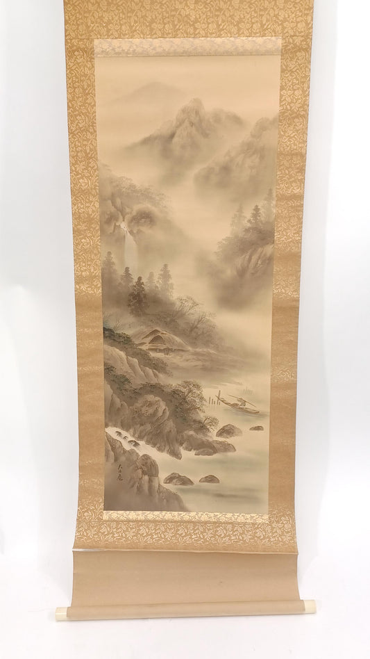 Vintage Japanese Hanging Scroll - Landscape Painting of Dainichian, Traditional Japanese Art & Vintage Decor
