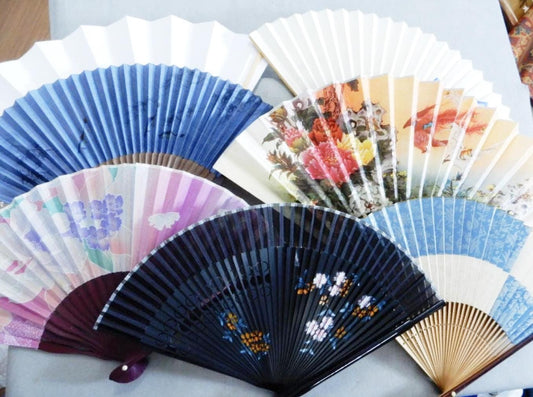 Used Vintage Japanese Hand Fan Lot 7pcs Sensu Paper & Silk Mix Decoration Display Prop Kimono Accessories Bulk Sale