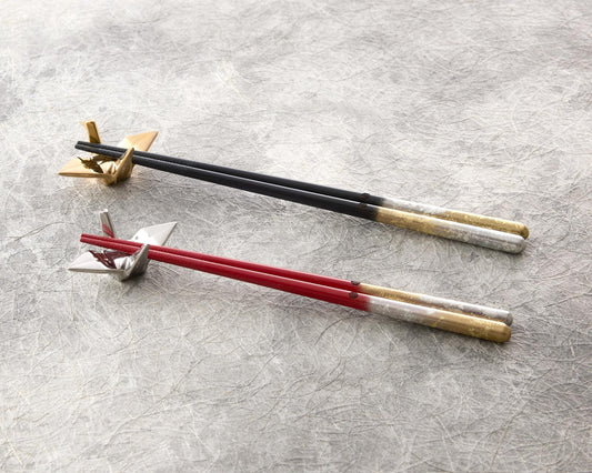 Japanese Chopsticks with Turtle Shell Pattern & Crane Rests - Gold Platinum Detailed Auspicious Wedding Gift Set| Forgot Souvenir