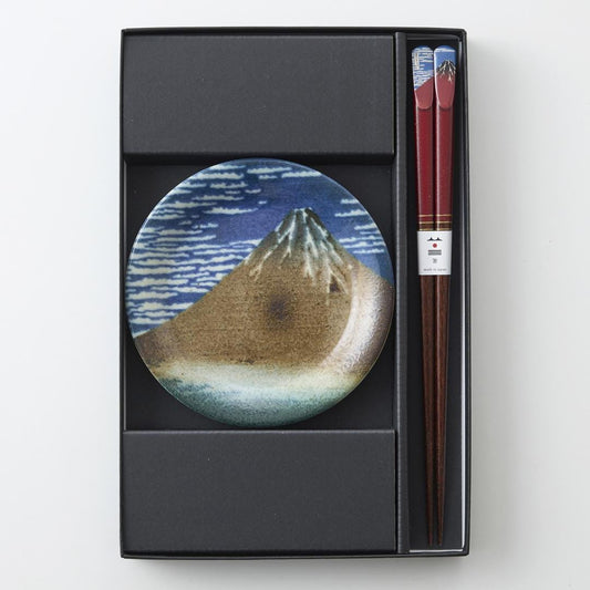 Japanese Ukiyo-e Tableware Set - Hokusai Mt Fuji View Plate with Chopsticks, Traditional Art Dinnerware Gift Made in Japan| Forgot Souvenir