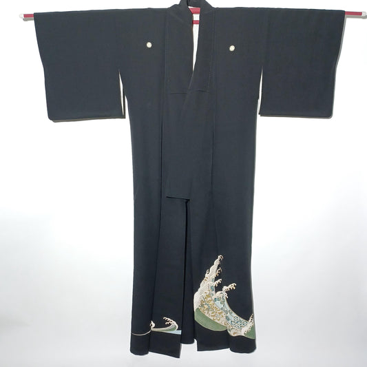 Used Japanese Black Tomesode Kimono Formal Traditional Dress Vintage Silk Long Sleeve Wedding Height 60 in