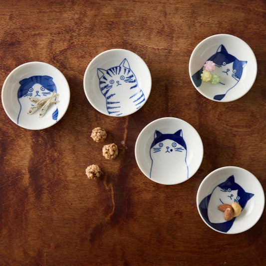 Japanese Blue Cat Illustration Mini Plate Set of 5 Porcelain Dishes Soy Sauce Condiment Kobachi Gift Wood Box