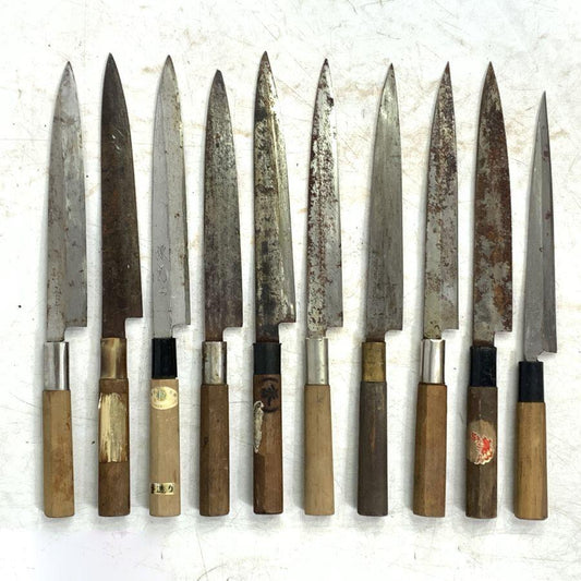 Used | Japanese Sashimi Yanagiba Knife Lot of 10 | Vintage Wa-Bocho Blades for Restoration & Display