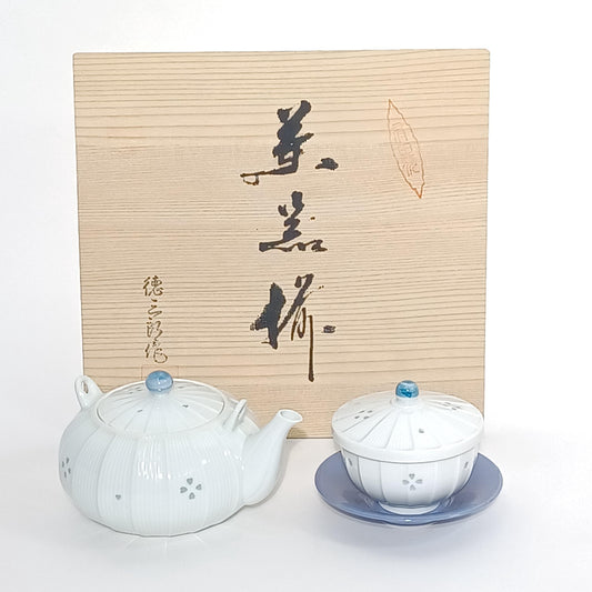 Used Japanese Kyusu Teapot & 5 Yunomi Teacups Set White Blue Vintage Pottery
