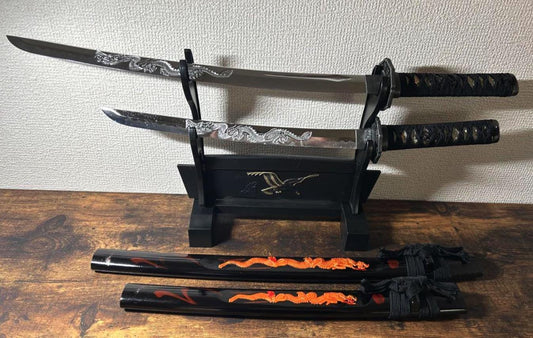 Used Japanese Samurai Katana Sword Replica Set Daisho (Long & Short) Metal Blade Prop Made in Japan Decor 27 in