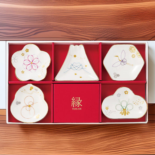 Japanese Lucky Motif Small Dish Set of 5 (Sakura, Fuji, Crane, Pine) Gold Porcelain Appetizer Plate Gift Boxed Set