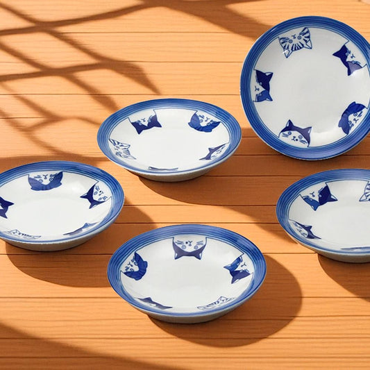 Japanese Cat Print Plate Set of 5 Medium Salad Dessert Dishes 6.5" Porcelain Shichita Serving Plates Gift