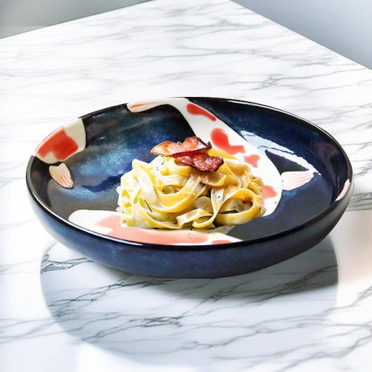 New Japanese Pasta Bowl 7.8" Serving Plate Blue Koi Fish Motif Donburi Noodle Dish 750cc Shallow Bowl
