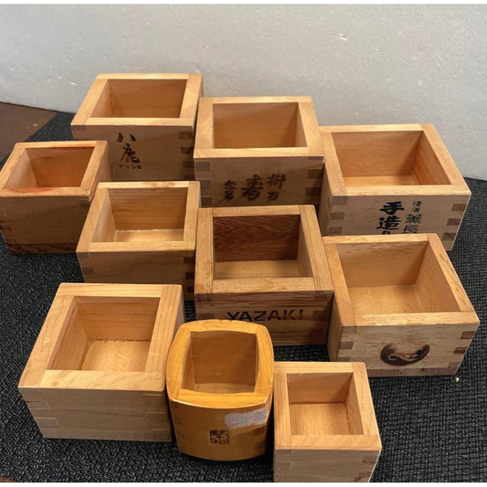 Used Japanese Wooden Masu Cup Set of 10 Traditional Sake Measuring Boxes & Collectors Display Vintage Japanese